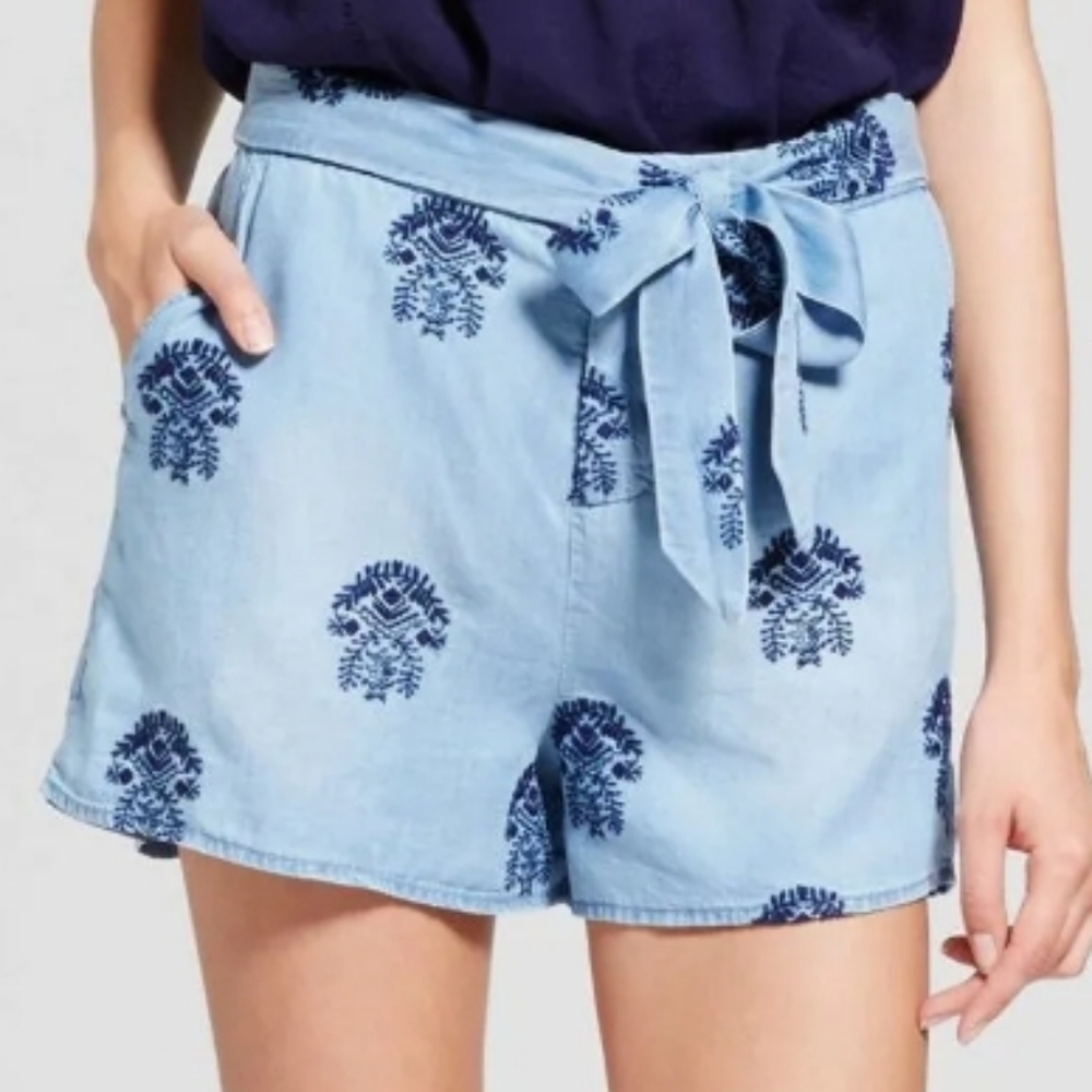 Fourteenth Place Embroidered Mock Denim Shorts